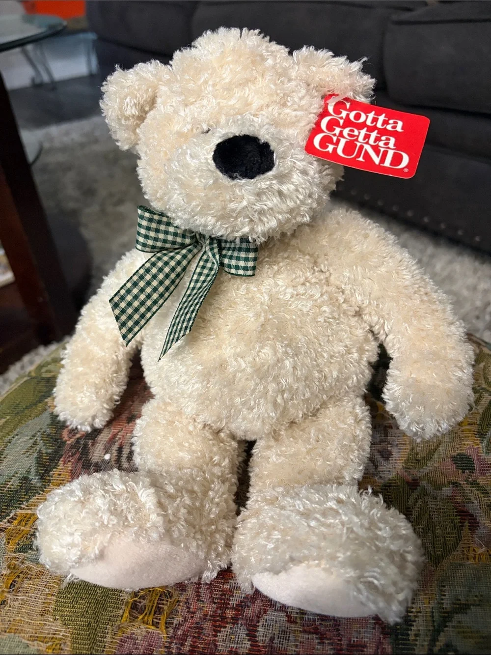 Gund 12” Vintage Luv Me Bear Cream Plush Bear with Green Gingham Bow
